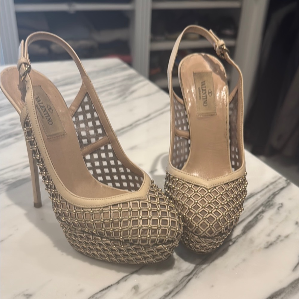 Valentino Beige Mesh Platform Heels